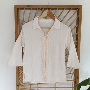 Vintage Handmade Gauze Lace Up Blouse Shirt / Size Small